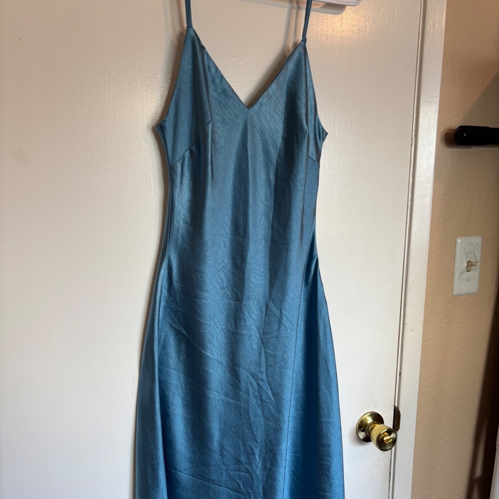 Blue Satin Midi Dress Slip Dress Sleeveless Elegant Wedding Guest Evening - Picture 2 of 6